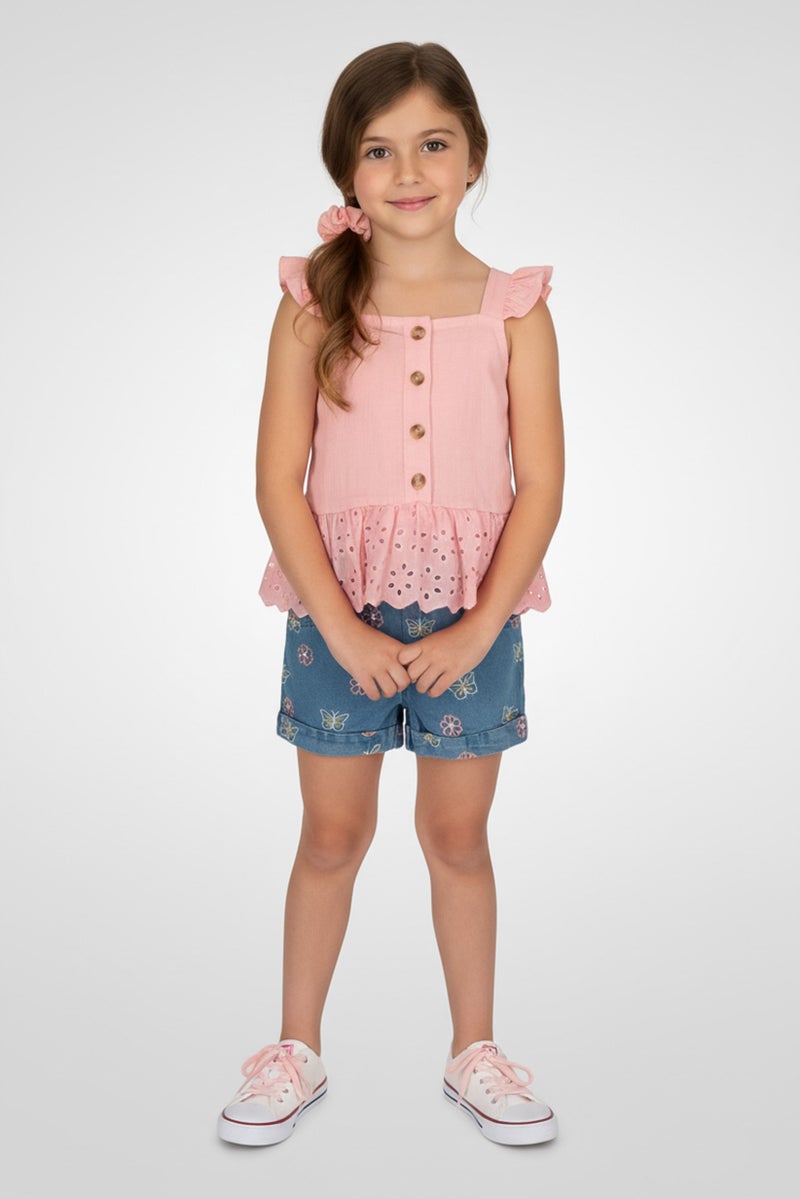 little lass طقم بنات أطفال من قطعتين مع تزيين، بلوزة وشورت مع رباط شعر، متعدد الألوان - Image 1
